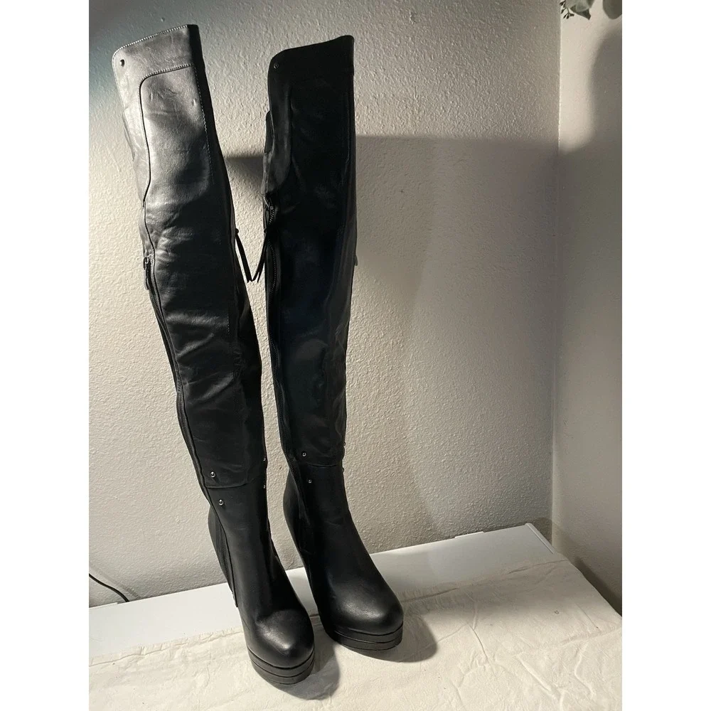 Bakers Women's Black Over the Knee Platform Stiletto Boots Faux Leather Zip 8 - Picture 2 of 2